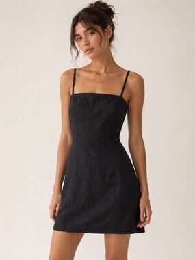 Vintage Y2K Halston Black Linen Blend Mini Dress Minimalist 90s LBD